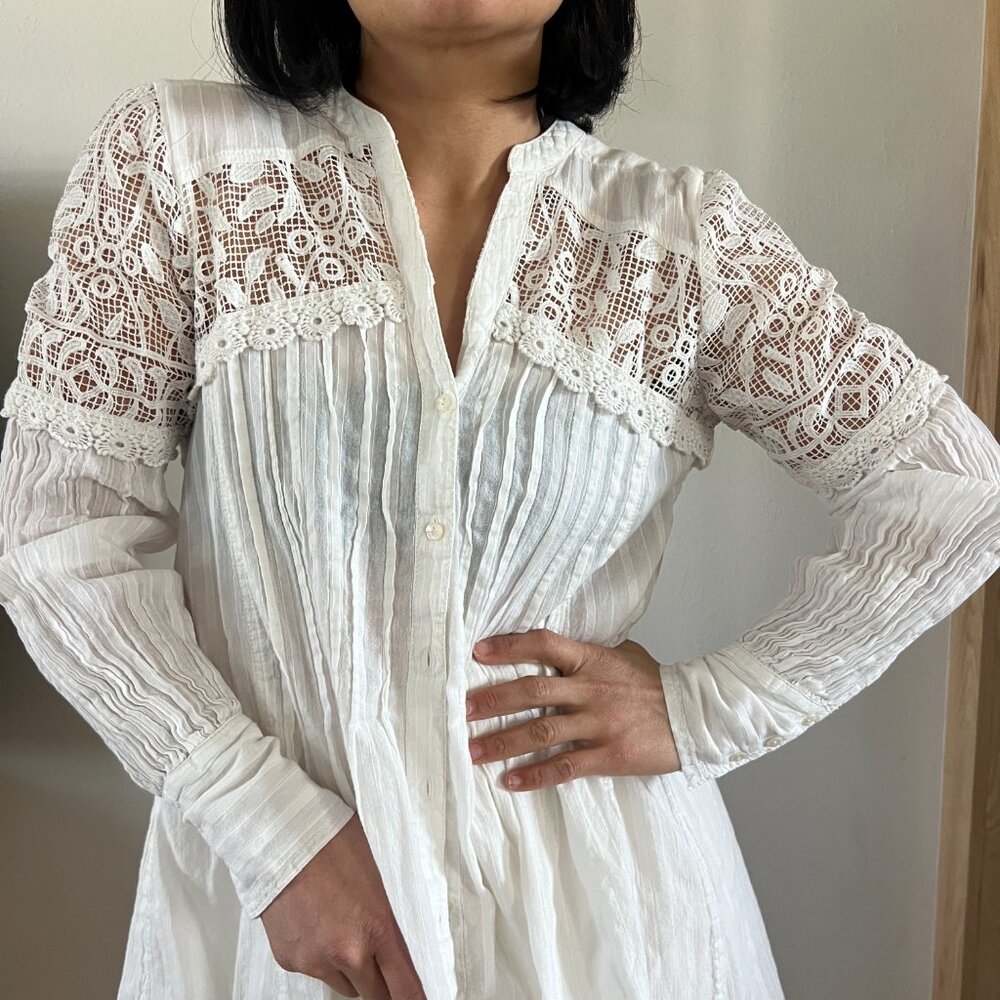 Anthropologie Lucille Featherbone Tunic white embroidered boho long sleeve small